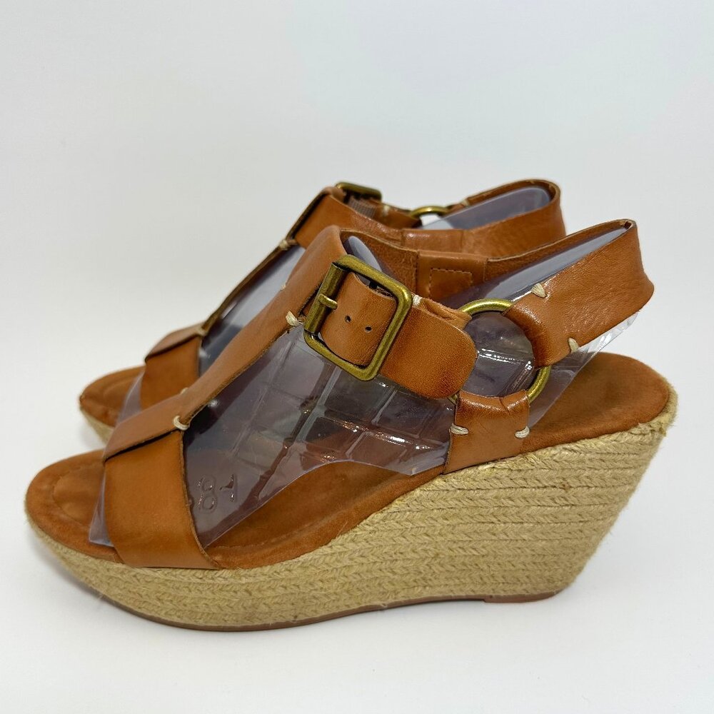 Lucky Brand Fiora T strap leather wedges, tan 7.5M, EUC, IB